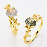 925 Silver Gold Plated Leaf Oval Labradorite Agate Moonstone Faceted Ring, Healing Crystal Ring, Gemstone Jewelry Ring SS321-1