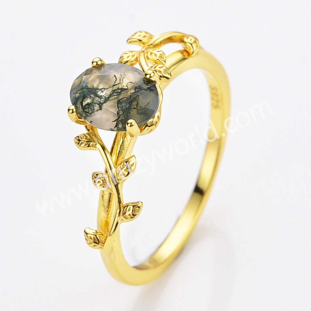 925 Silver Gold Plated Leaf Oval Labradorite Agate Moonstone Faceted Ring, Healing Crystal Ring, Gemstone Jewelry Ring SS321-1
