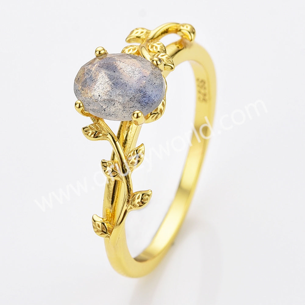 925 Silver Gold Plated Leaf Oval Labradorite Agate Moonstone Faceted Ring, Healing Crystal Ring, Gemstone Jewelry Ring SS321-1