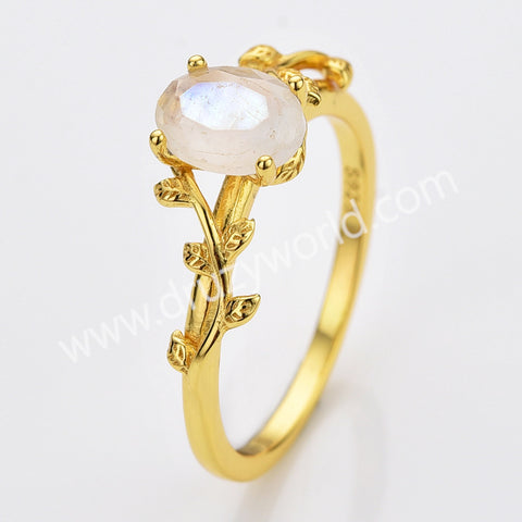 925 Silver Gold Plated Leaf Oval Labradorite Agate Moonstone Faceted Ring, Healing Crystal Ring, Gemstone Jewelry Ring SS321-1