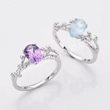 925 Sterling Silver Oval Cut Natural Amethyst Rose Quartz Moonstone Faceted Ring, Leaf Band Ring Jewelry SS321RS