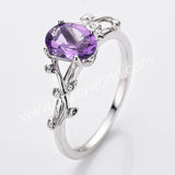 925 Sterling Silver Oval Cut Natural Amethyst Rose Quartz Moonstone Faceted Ring, Leaf Band Ring Jewelry SS321RS