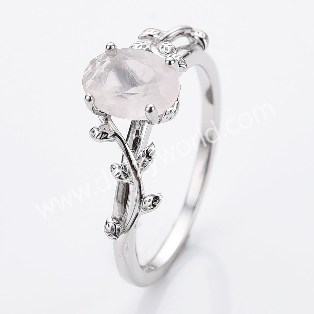 925 Sterling Silver Leaf Egg Shape Amethyst Rose Quartz Moonstone Faceted Ring, Healing Crystal Ring, Gemstone Jewelry Ring SS322