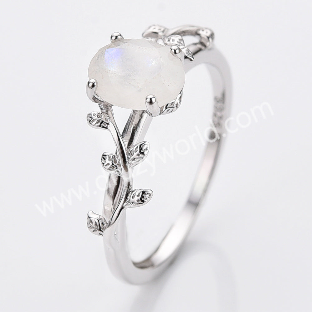 925 Sterling Silver Leaf Egg Shape Amethyst Rose Quartz Moonstone Faceted Ring, Healing Crystal Ring, Gemstone Jewelry Ring SS322