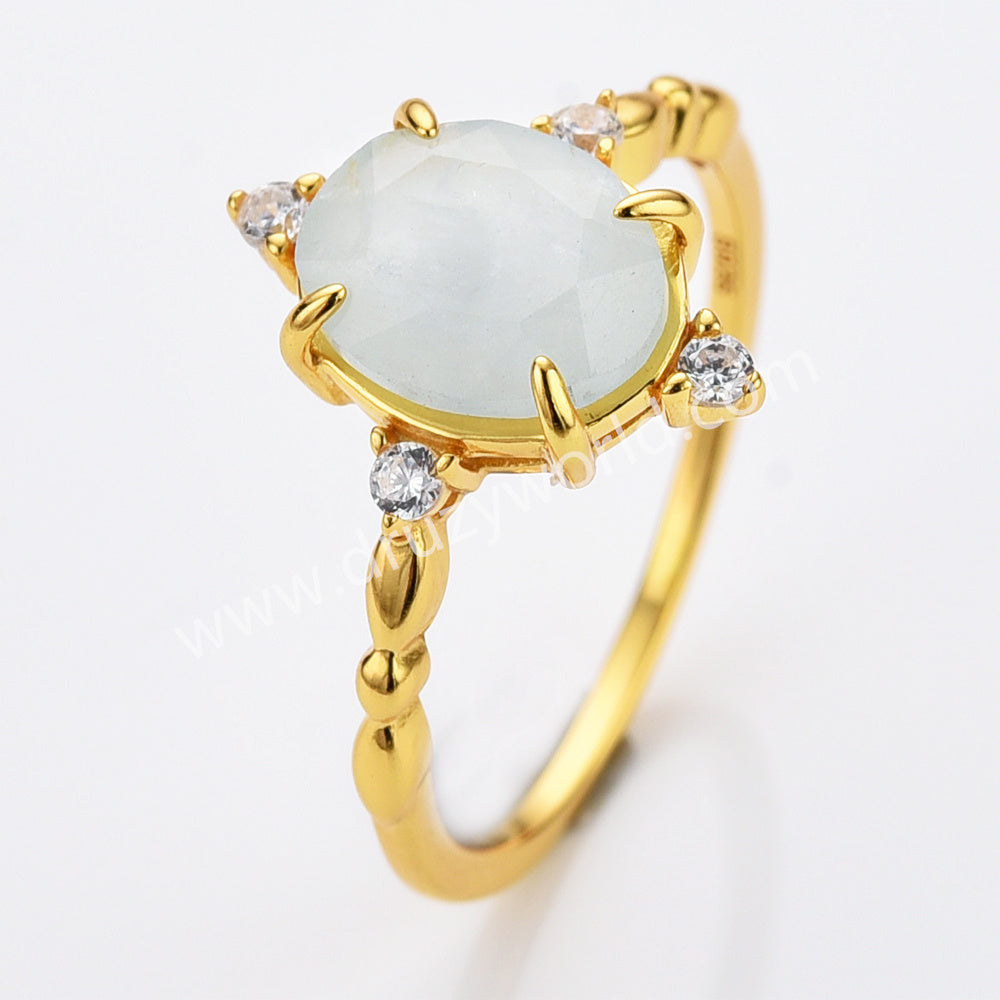 Gold Claw Oval Natural Aquamarine Crystal Gemstone Ring, CZ Mirco Pave, S925 Sterling Silver Jewelry Ring SS323RG