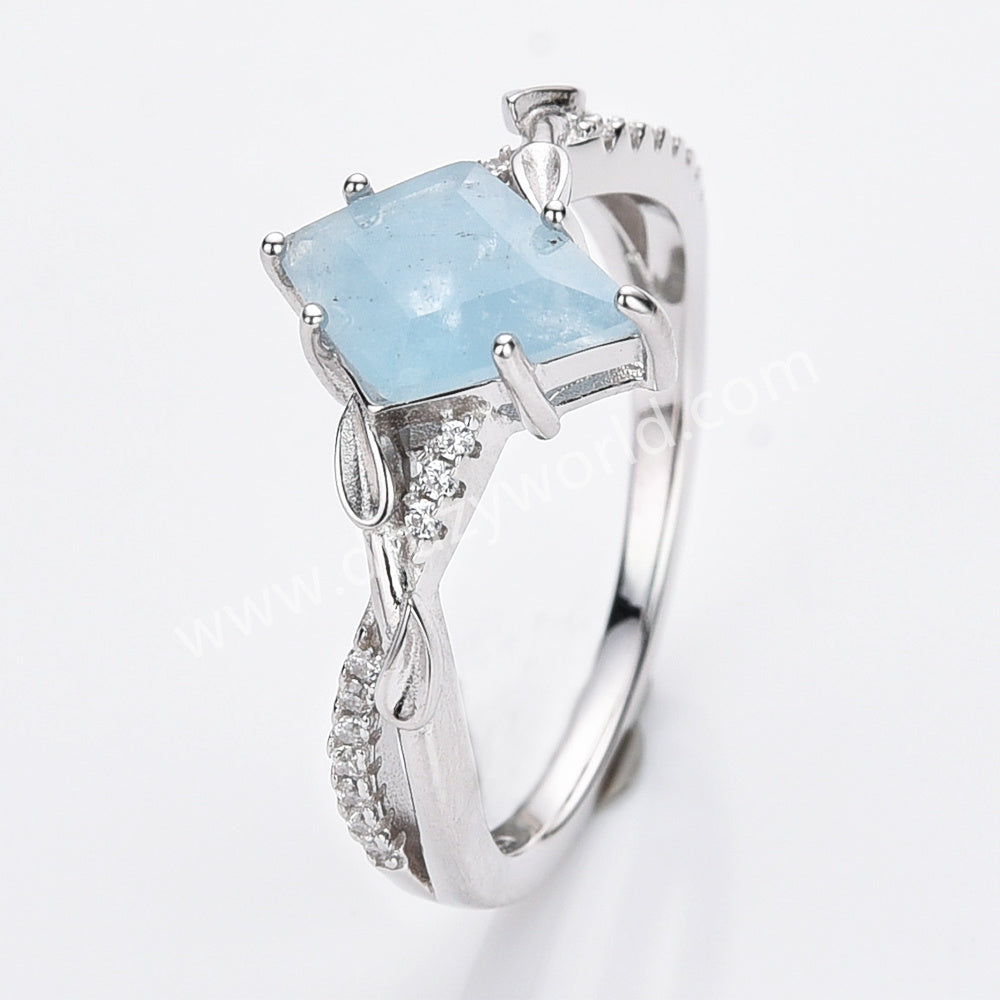 S925 Silver Diamond Shape Natural Moonstone Gemstone Faceted Ring, CZ Ring, Fashion Jewelry Ring For Women SS324RS