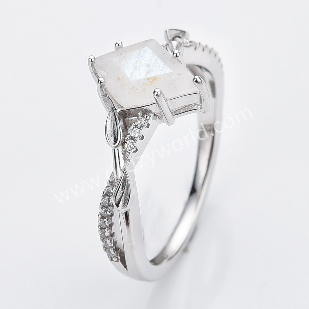 S925 Silver Diamond Shape Natural Moonstone Gemstone Faceted Ring, CZ Ring, Fashion Jewelry Ring For Women SS324RS