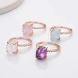 S925 Sterling Silver Claw CZ Raw Natrual Crystal Statement Ring in Rose Gold Plated, Aquamarine Moonstone Quartz Jewelry Ring For Women SS326