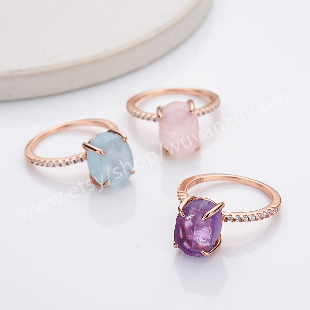 S925 Sterling Silver Claw CZ Raw Natrual Crystal Statement Ring in Rose Gold Plated, Aquamarine Moonstone Quartz Jewelry Ring For Women SS326