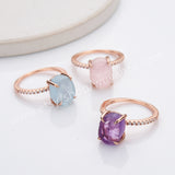 S925 Sterling Silver Claw CZ Raw Natrual Crystal Statement Ring in Rose Gold Plated, Aquamarine Moonstone Quartz Jewelry Ring For Women SS326