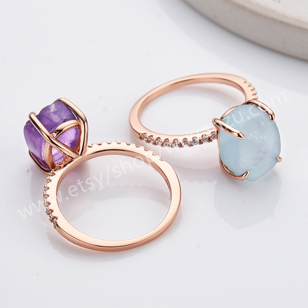 S925 Sterling Silver Claw CZ Raw Natrual Crystal Statement Ring in Rose Gold Plated, Aquamarine Moonstone Quartz Jewelry Ring For Women SS326