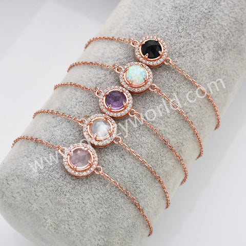 Rose Gold Claw Round Black Agate Bracelet Zircon Bracelet, Faceted Moonstone Gemstone Jewelry Bracelet SS327