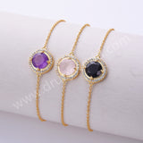 Round Gemstone CZ Gold Chain Bracelet, 925 Sterling Silver Crystal Jewelry SS327RG