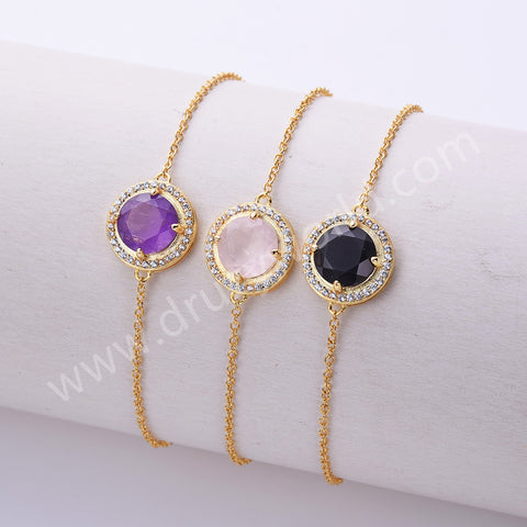 Round Gemstone CZ Gold Chain Bracelet, 925 Sterling Silver Crystal Jewelry SS327RG