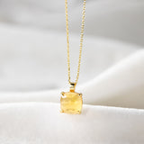 Square Citrine Gemstone Faceted Gold Pendant Necklace, Crystal Birthstone Jewelry Necklace, S925 Sterling Silver SS330NG