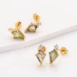 925 Sterling Silver Moss Agate Gemstone Kite Gold Stud Earrings, Dainty Green Crystal Jewelry SS360-1