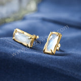 Gold Rectangular Moonstone Crystal Stud Earrings, 925 Sterling Silver Jewelry Studs SS367-1