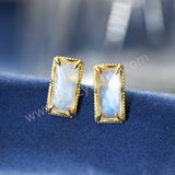 Gold Rectangular Moonstone Crystal Stud Earrings, 925 Sterling Silver Jewelry Studs SS367-1