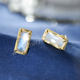 Gold Rectangular Moonstone Crystal Stud Earrings, 925 Sterling Silver Jewelry Studs SS367-1