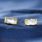 Gold Rectangular Moonstone Crystal Stud Earrings, 925 Sterling Silver Jewelry Studs SS367-1