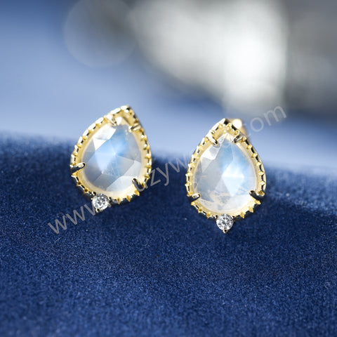 Gold Claw Teardrop Natural Moonstone CZ Stud Earrings, 925 Sterling Silver Crystal Jewelry Studs For Women SS368-1