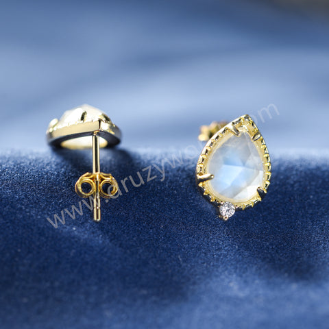 Gold Claw Teardrop Natural Moonstone CZ Stud Earrings, 925 Sterling Silver Crystal Jewelry Studs For Women SS368-1