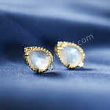 Gold Claw Teardrop Natural Moonstone CZ Stud Earrings, 925 Sterling Silver Crystal Jewelry Studs For Women SS368-1