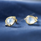 Gold Claw Teardrop Natural Moonstone CZ Stud Earrings, 925 Sterling Silver Crystal Jewelry Studs For Women SS368-1