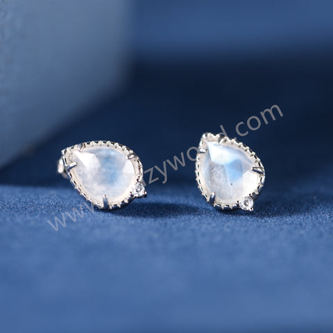 925 Sterling Silver Claw Teardrop Moonstone CZ Stud Earrings, Natural Gemstone Jewelry Studs For Women SS368-2