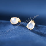 Minimalist Gold Claw Teardrop Natural Moonstone Stud Earrings, 925 Sterling Silver Crystal Jewelry Studs SS369-1