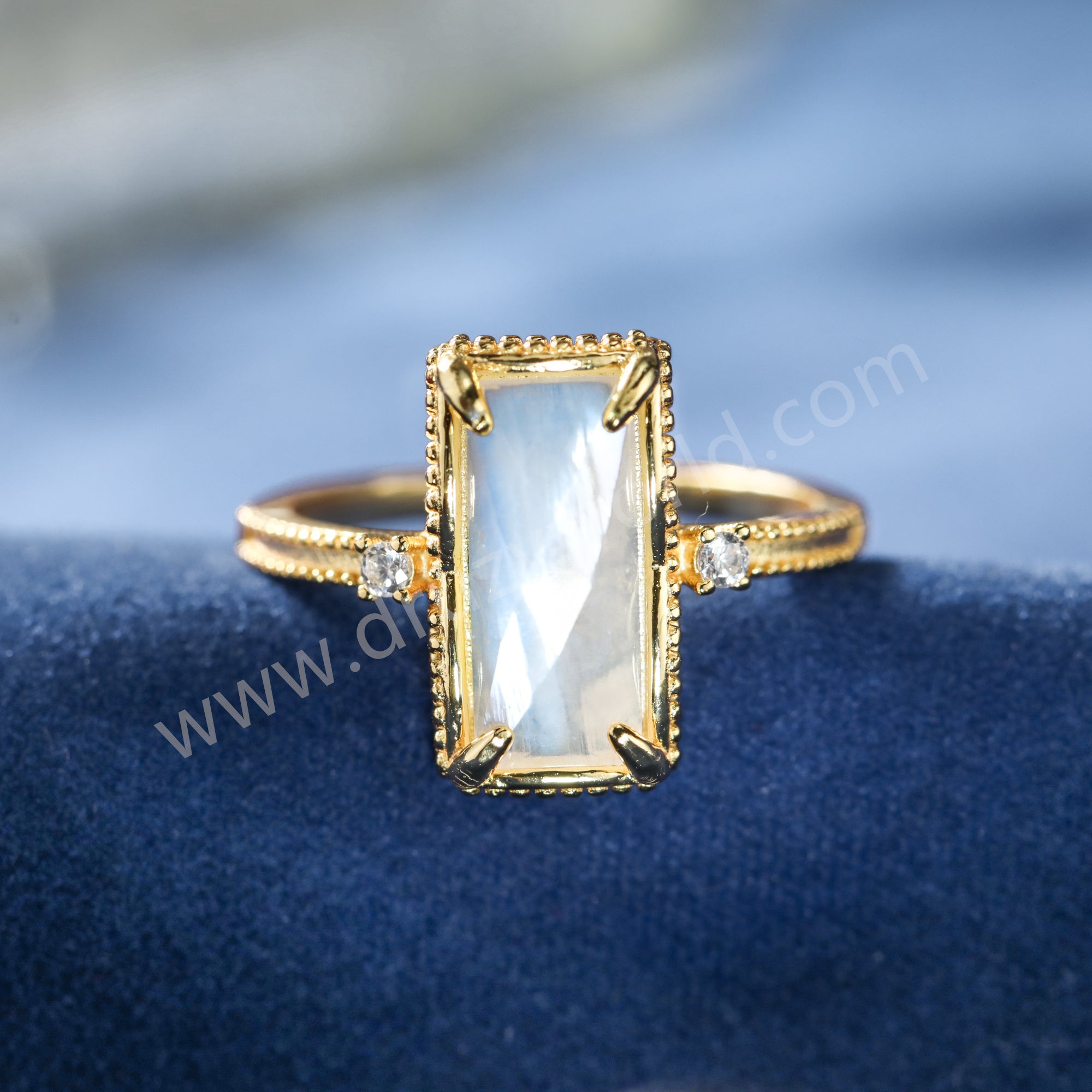 Gold Claw CZ Moonstone Gemstone Rectangular Ring, 925 Sterling Silver Jewelry Women's Ring SS370-1