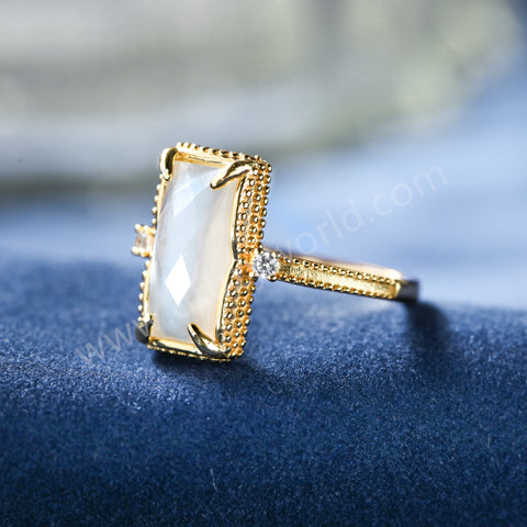 Gold Claw CZ Moonstone Gemstone Rectangular Ring, 925 Sterling Silver Jewelry Women's Ring SS370-1