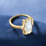 Gold Claw CZ Moonstone Gemstone Rectangular Ring, 925 Sterling Silver Jewelry Women's Ring SS370-1