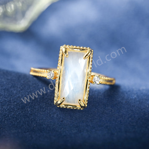 Gold Claw CZ Moonstone Gemstone Rectangular Ring, 925 Sterling Silver Jewelry Women's Ring SS370-1