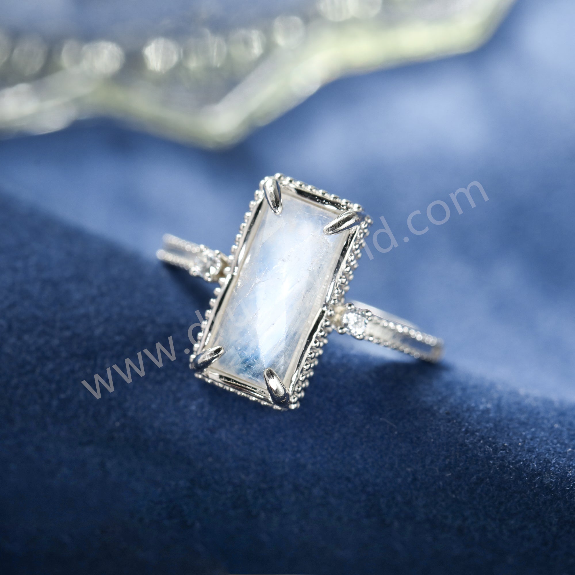 925 Sterling Silver Claw CZ Moonstone Ring, Rectangle Gemstone Jewelry Women's Ring SS370-2