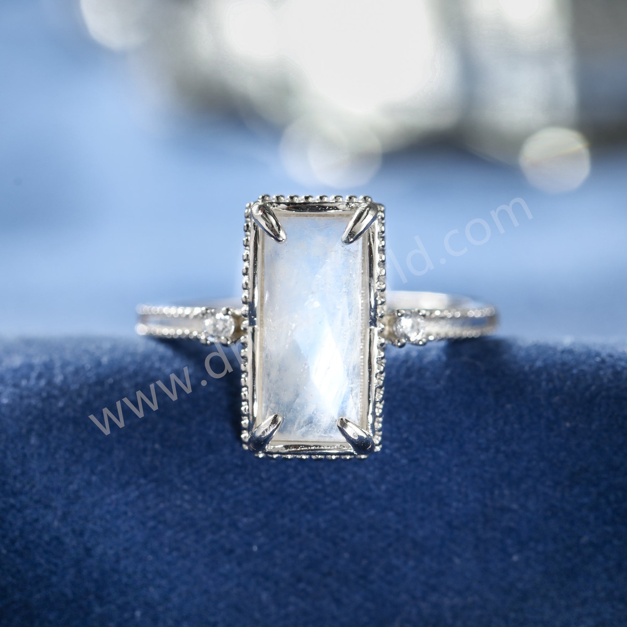 925 Sterling Silver Claw CZ Moonstone Ring, Rectangle Gemstone Jewelry Women's Ring SS370-2