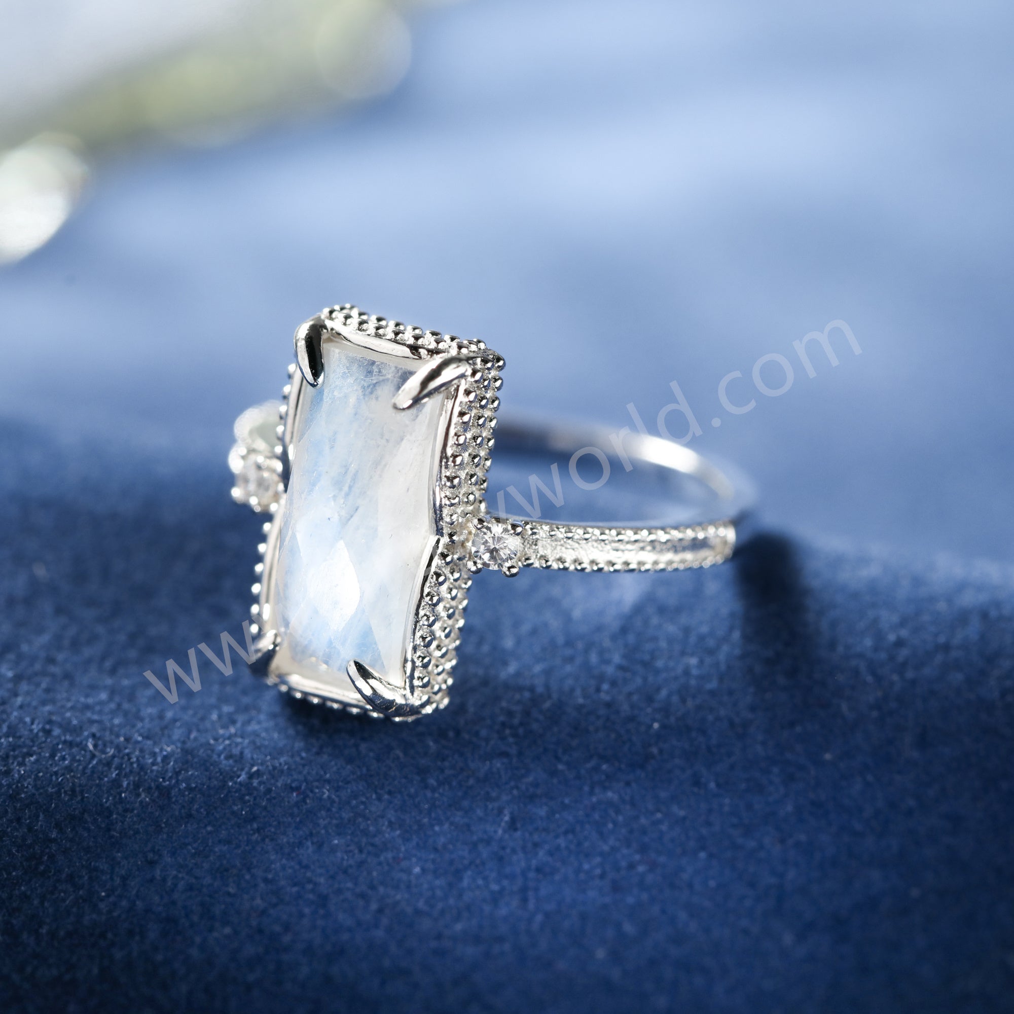 925 Sterling Silver Claw CZ Moonstone Ring, Rectangle Gemstone Jewelry Women's Ring SS370-2