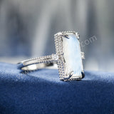 925 Sterling Silver Claw CZ Moonstone Ring, Rectangle Gemstone Jewelry Women's Ring SS370-2