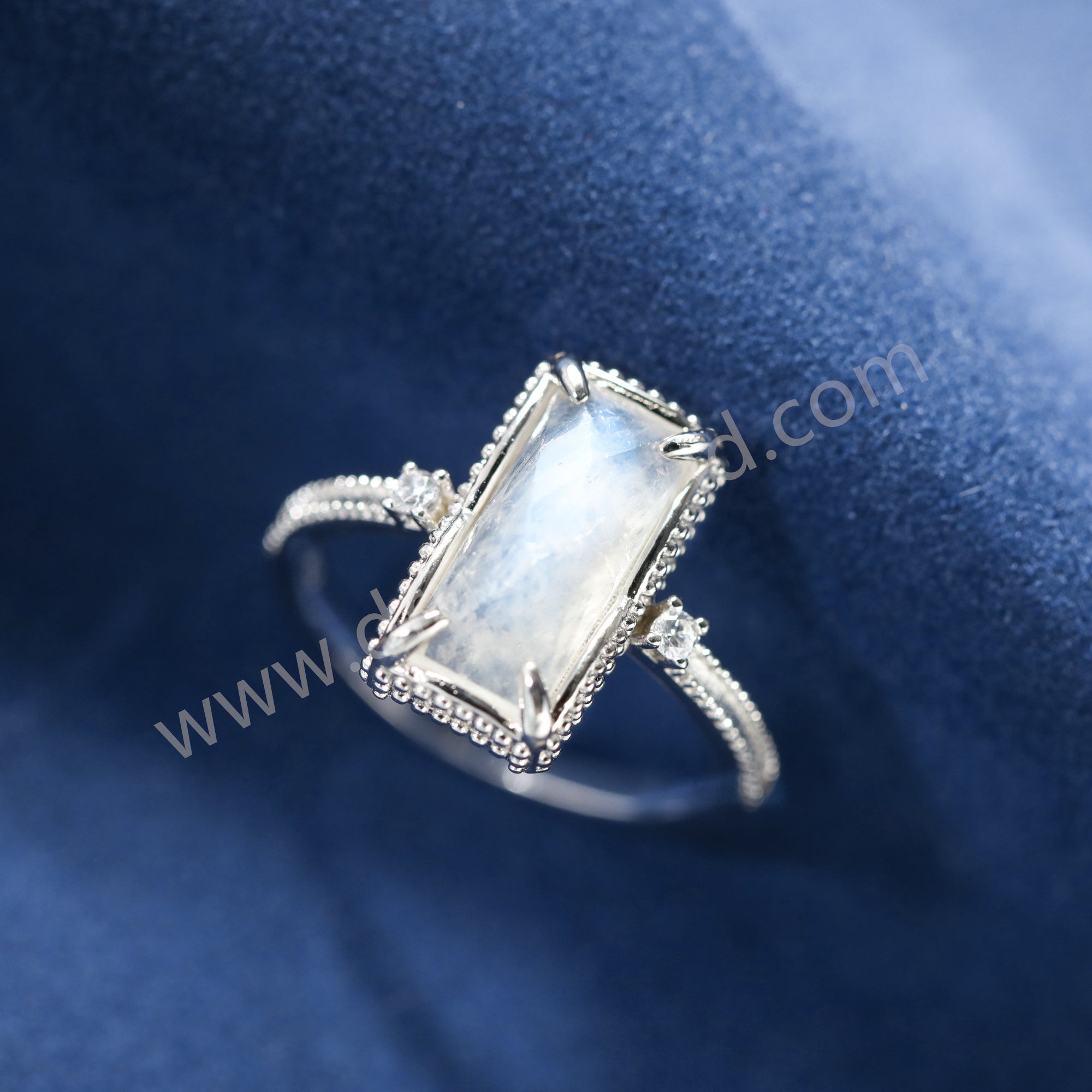 925 Sterling Silver Claw CZ Moonstone Ring, Rectangle Gemstone Jewelry Women's Ring SS370-2