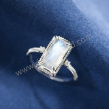 925 Sterling Silver Claw CZ Moonstone Ring, Rectangle Gemstone Jewelry Women's Ring SS370-2