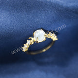 Gold Claw Round Moonstone Gemstone Ring, 925 Sterling Silver CZ Moon Jewelry Women's Ring SS371-1