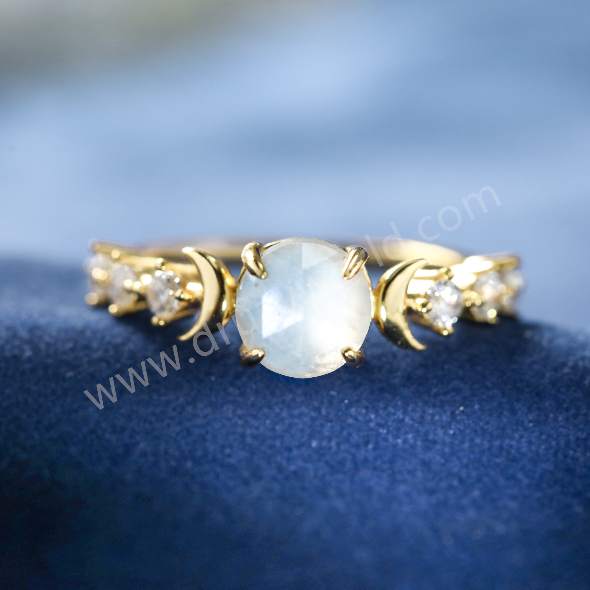 Gold Claw Round Moonstone Gemstone Ring, 925 Sterling Silver CZ Moon Jewelry Women's Ring SS371-1