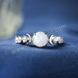 925 Sterling Silver Claw Round Moonstone Ring, CZ Moon Crystal Jewelry Women's Ring SS371-2