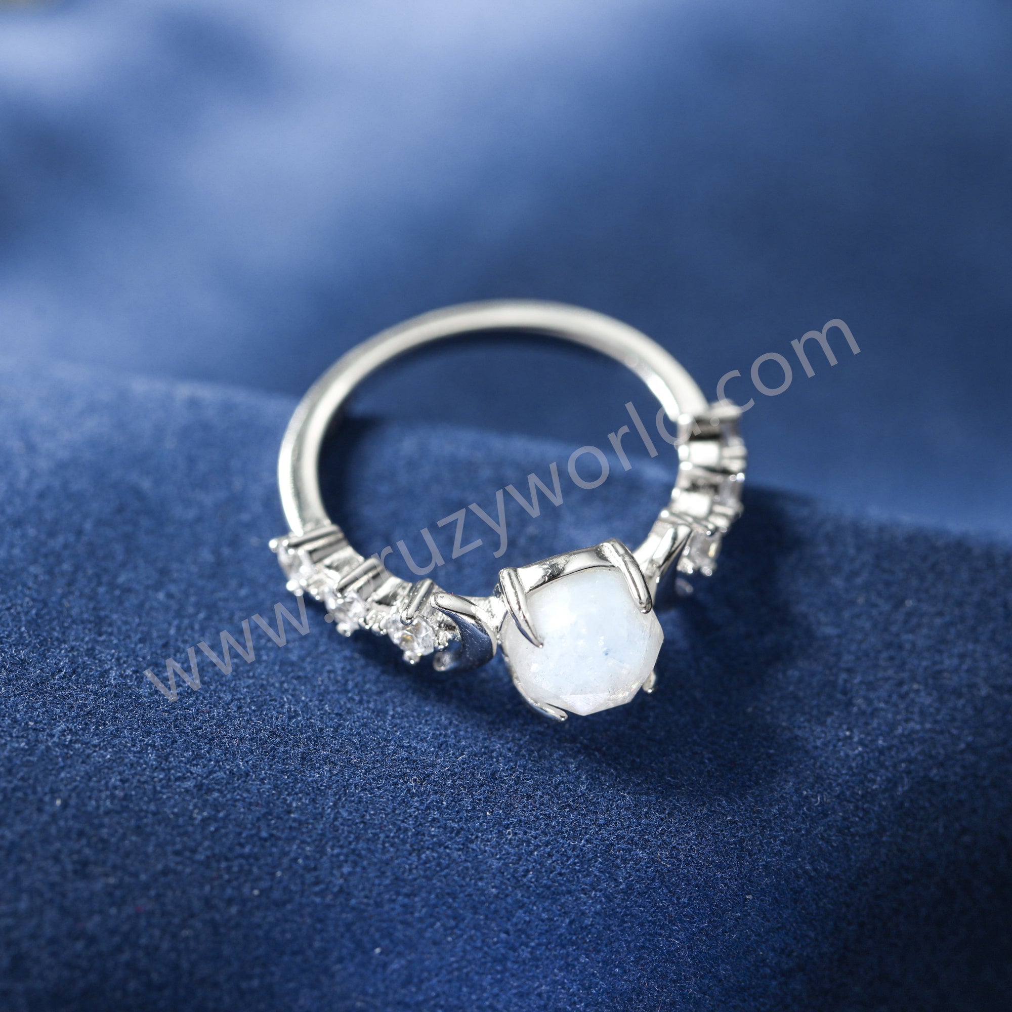 925 Sterling Silver Claw Round Moonstone Ring, CZ Moon Crystal Jewelry Women's Ring SS371-2