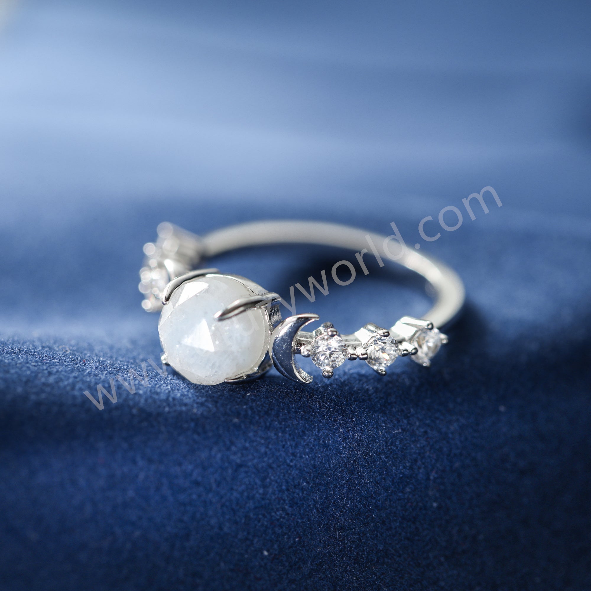 925 Sterling Silver Claw Round Moonstone Ring, CZ Moon Crystal Jewelry Women's Ring SS371-2