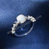 925 Sterling Silver Claw Round Moonstone Ring, CZ Moon Crystal Jewelry Women's Ring SS371-2