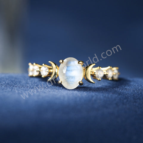 Gold Claw Oval Moonstone Gemstone Ring, 925 Sterling Silver CZ Moon Jewelry Women's Ring SS372-1