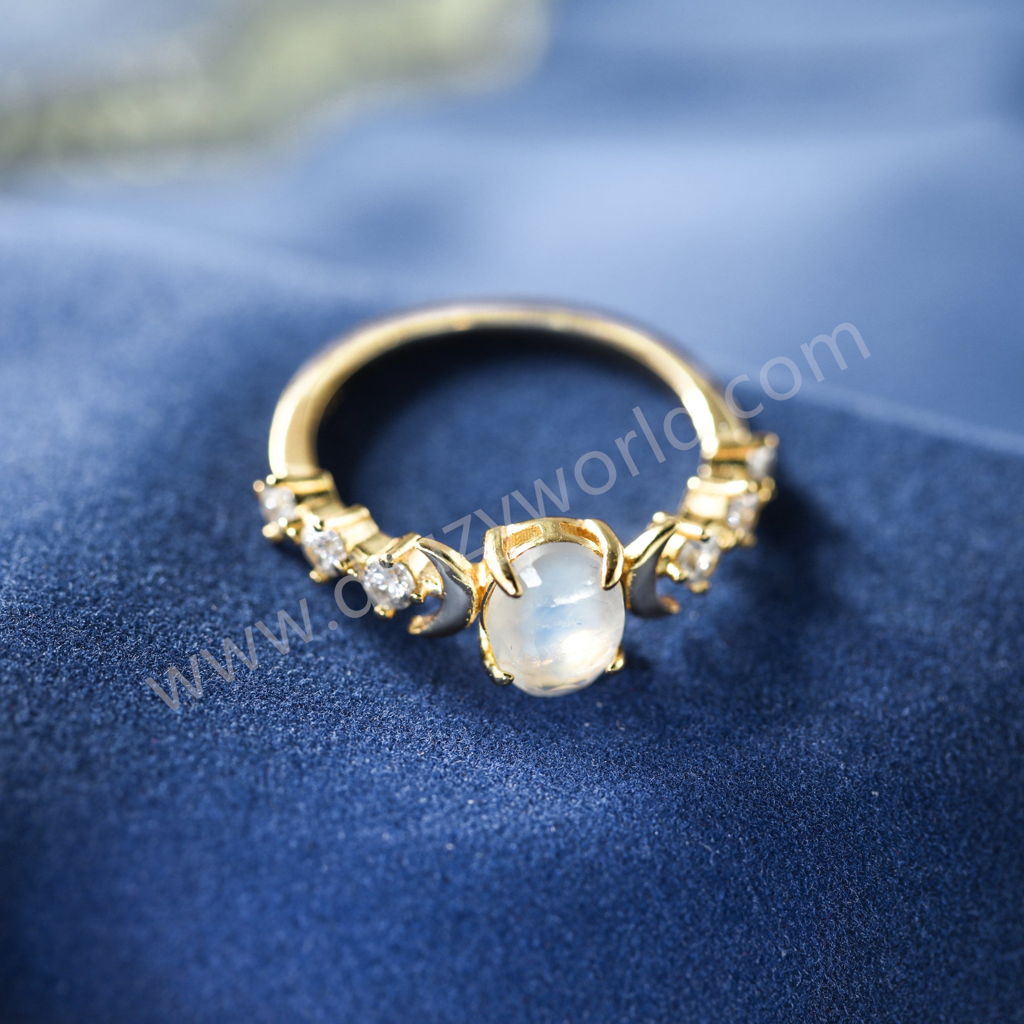 Gold Claw Oval Moonstone Gemstone Ring, 925 Sterling Silver CZ Moon Jewelry Women's Ring SS372-1