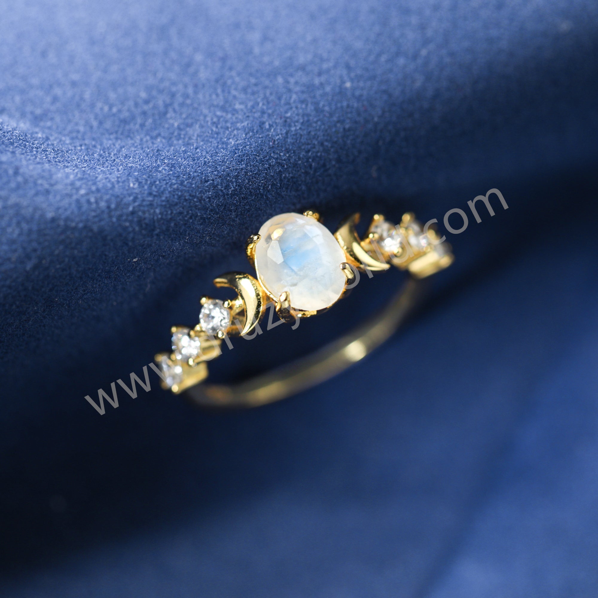 Gold Claw Oval Moonstone Gemstone Ring, 925 Sterling Silver CZ Moon Jewelry Women's Ring SS372-1