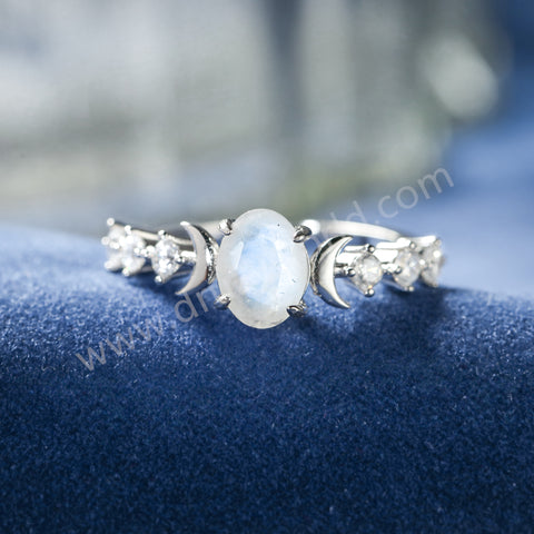 Oval Moonstone Gemstone 925 Sterling Silver Claw Ring, CZ Moon Jewelry Women's Ring SS372-2